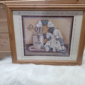 1990s Pat Pearson Framed 17x14 print Wall Art with Bunny and Spoons and Hearts
